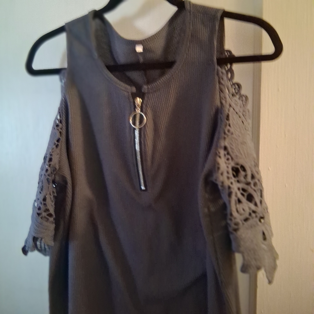 Gray Lace Embellished Blouse with Cold Shoulders